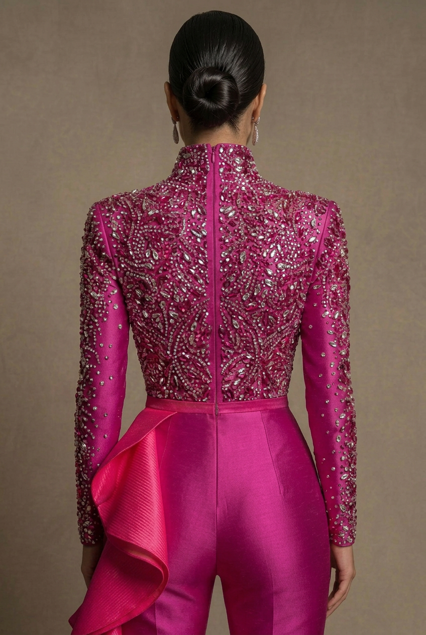 Back close-up of the magenta crystal jumpsuit with hot-pink side ruffle