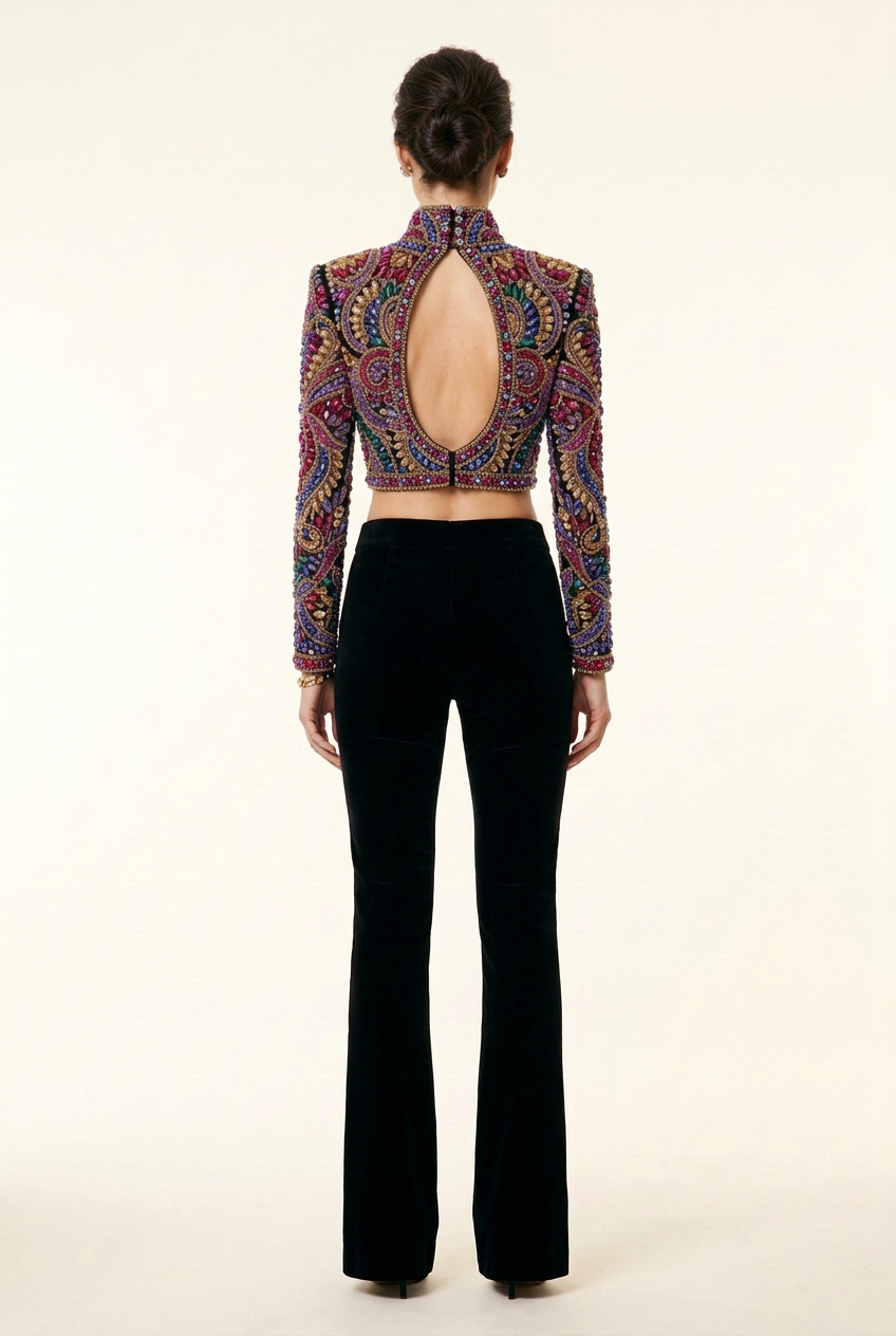 Back view of crystal crop top with keyhole opening and black slim-flare pants