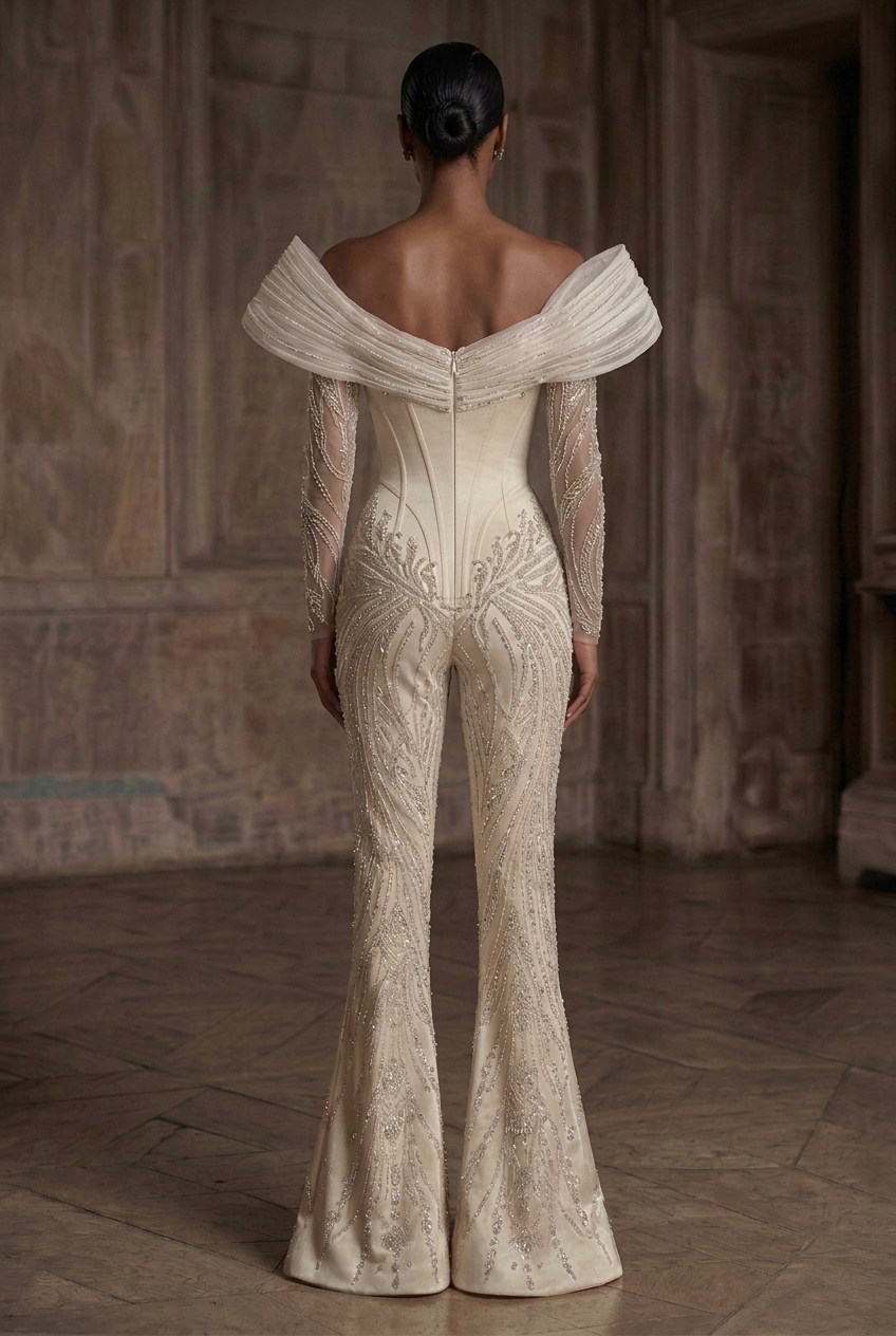 Back view of ivory crystal couture jumpsuit