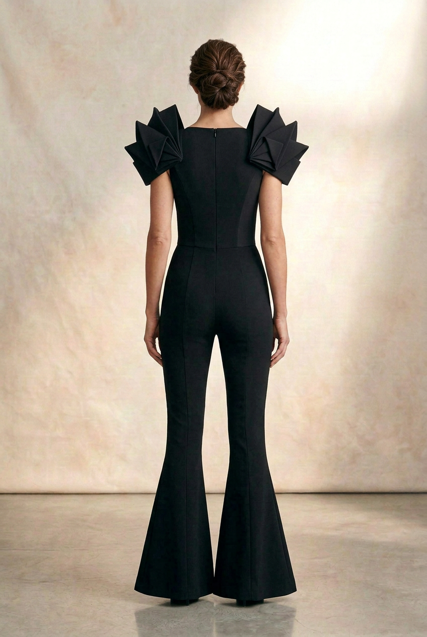 Back view of the black jumpsuit with sculptural shoulders and tailored mermaid-fit legs