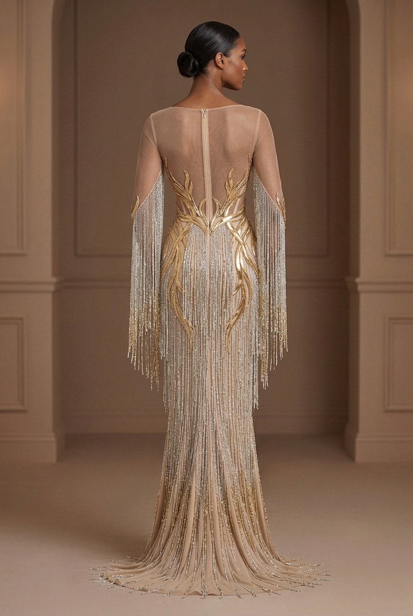 Back view of the couture gown with cascading crystal fringe and sculpted gold embellishment