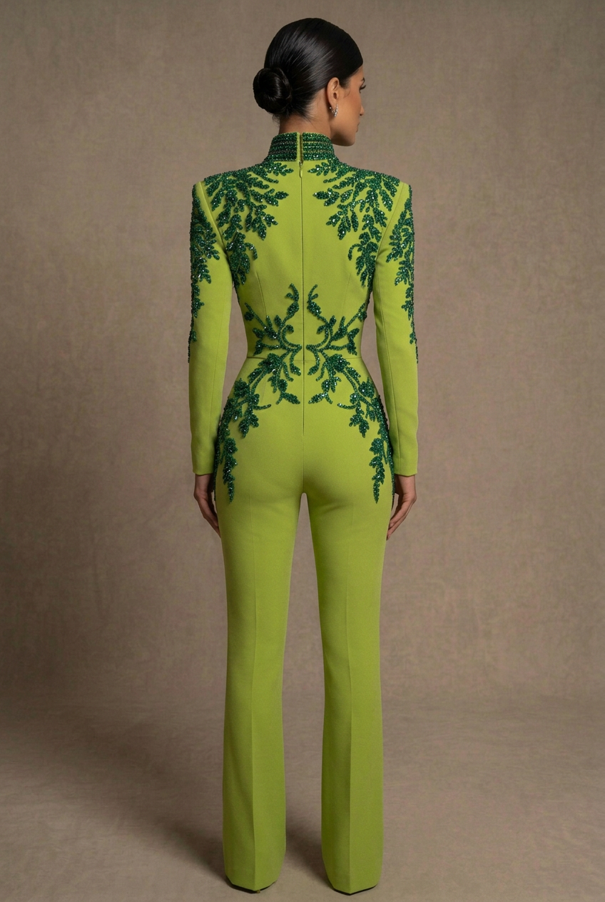 Back view of the lime green couture jumpsuit with emerald crystals and slim-flare legs