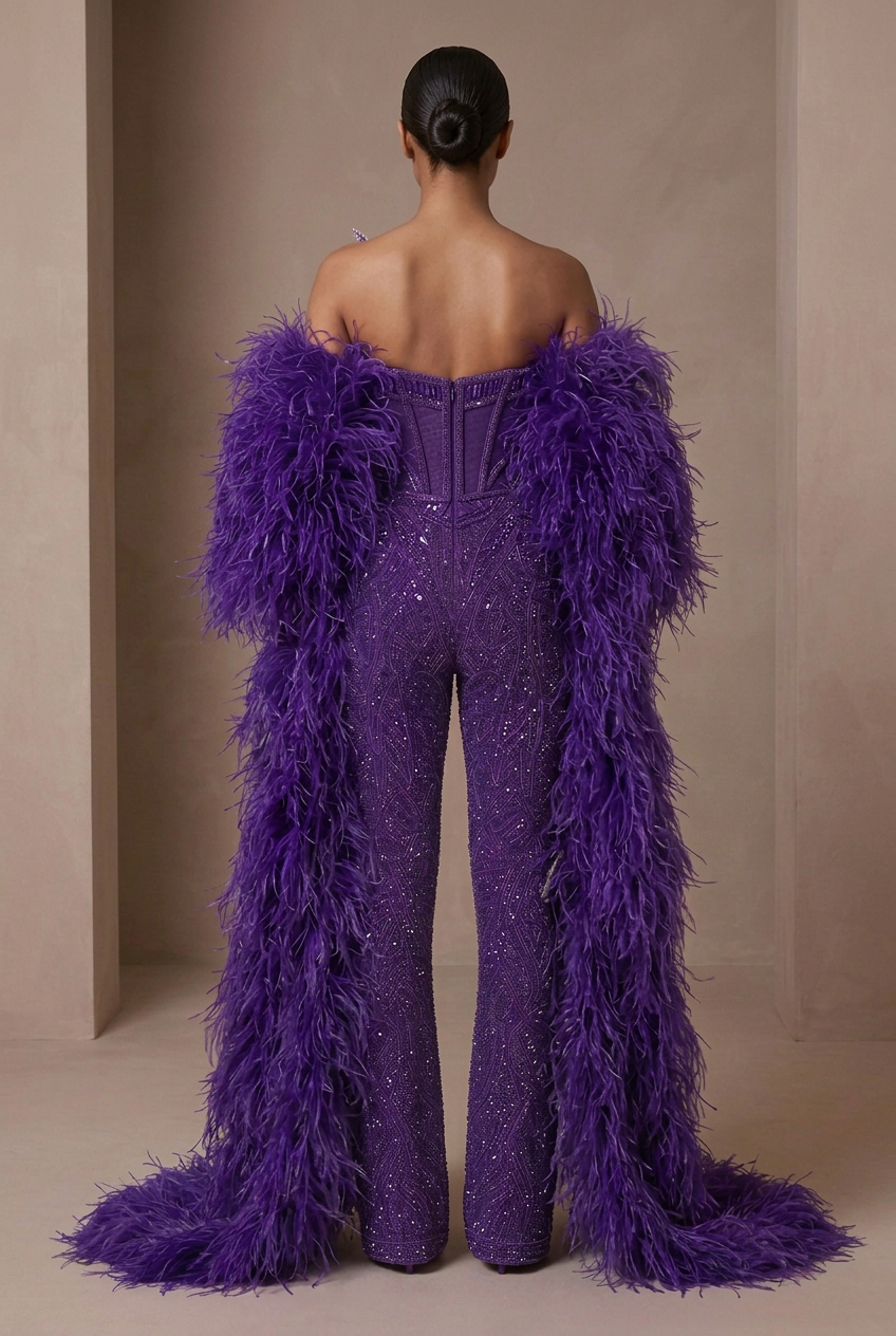 Back view of the royal purple couture jumpsuit with slim-flare legs and ostrich-feather draping
