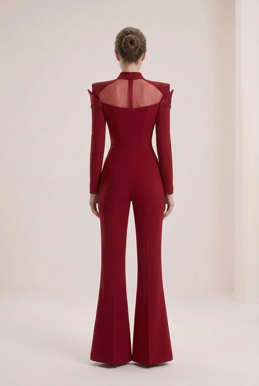 Back view of the ruby-red jumpsuit without arm capes or side skirts