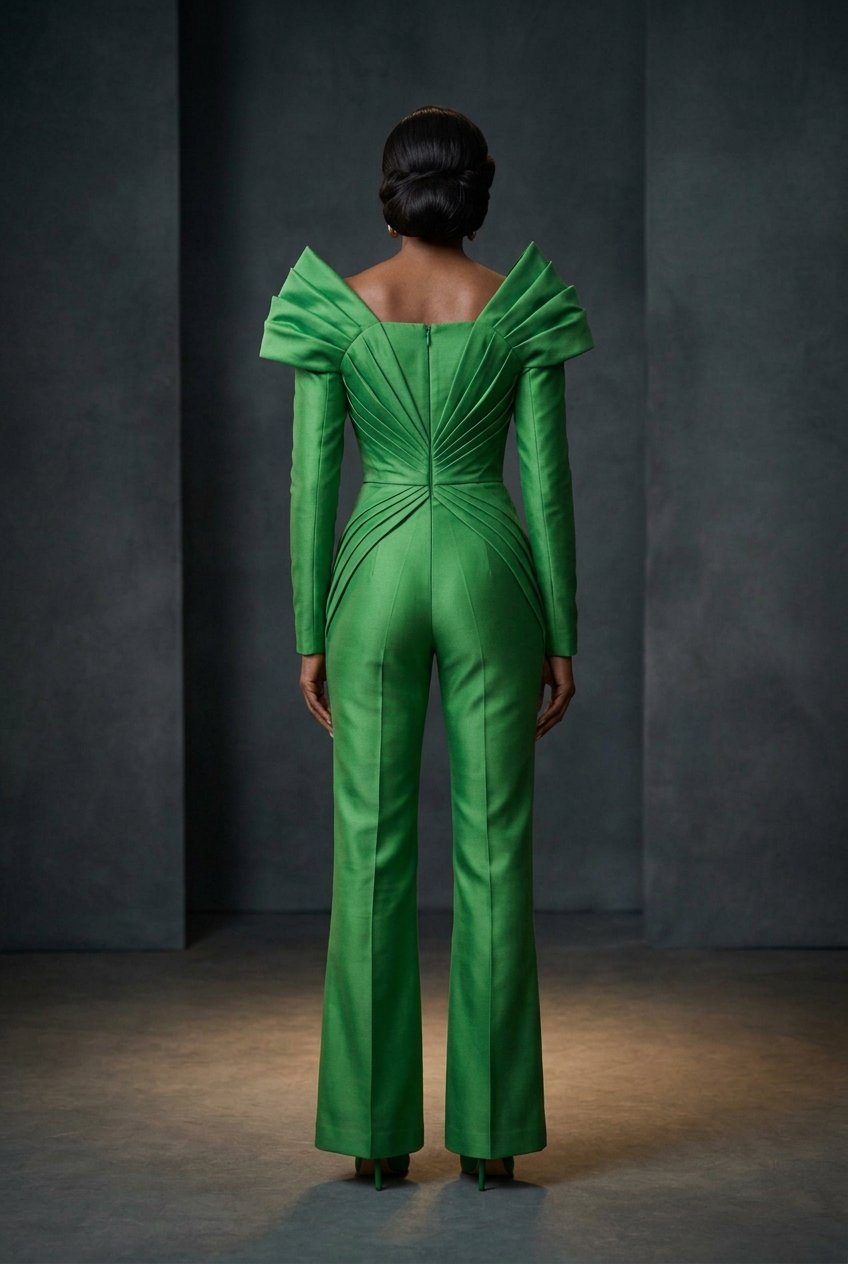 Back view of the solid grass green couture jumpsuit against a moody charcoal backdrop