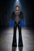 Black Blue Feather Sleeve Jumpsuit - Front