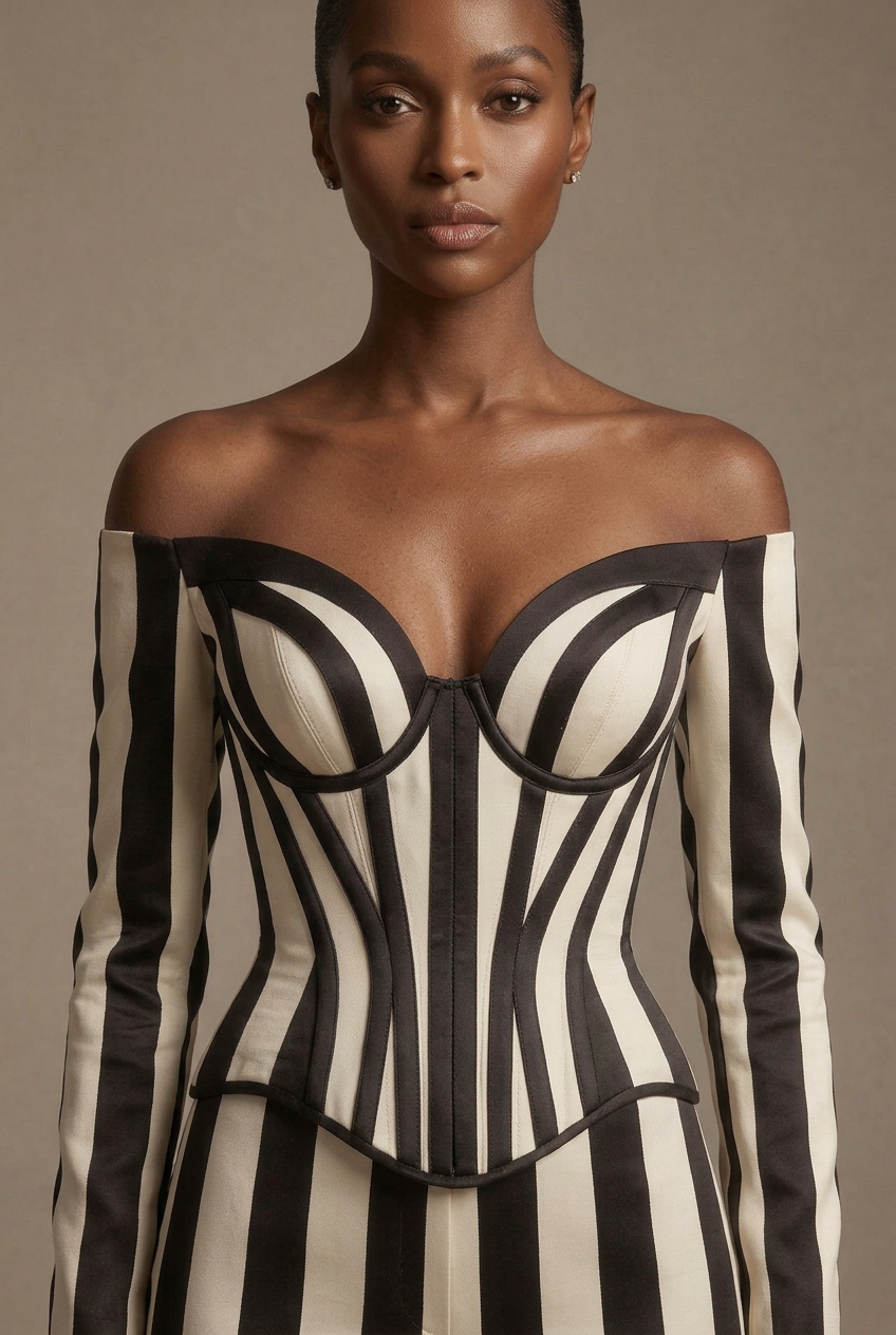 Black Ivory Stripe Corset - Close Up