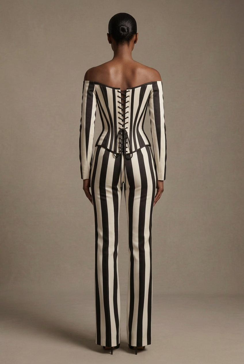 Black Ivory Stripe Corset Jumpsuit - Back View