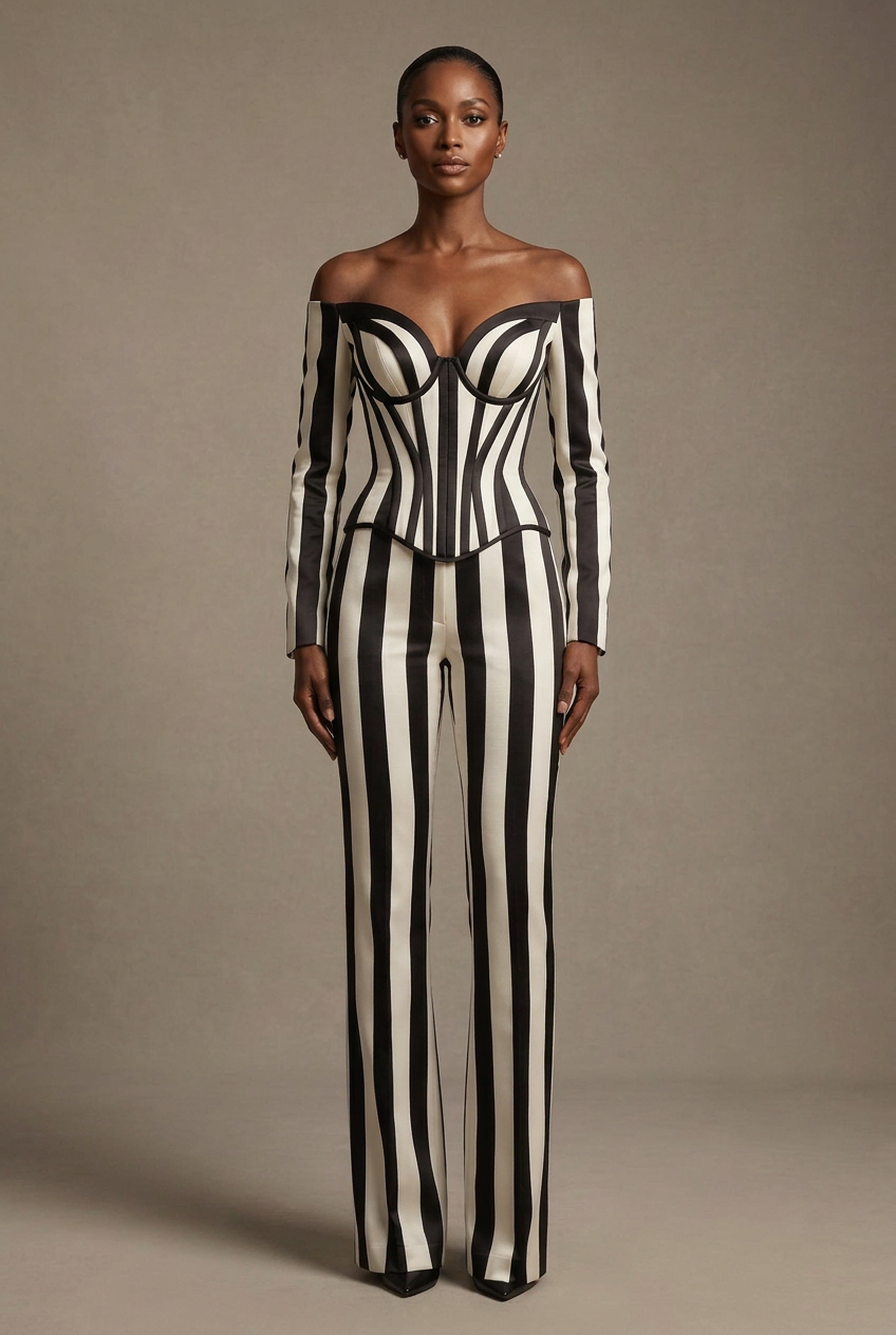Black Ivory Stripe Corset Jumpsuit