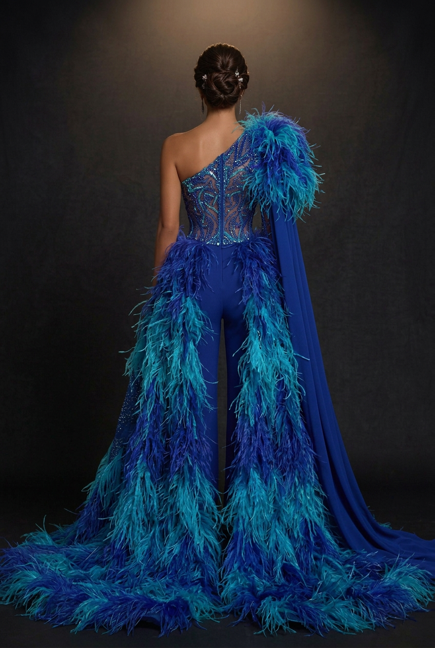 Blue Aqua Feather Jumpsuit - Back