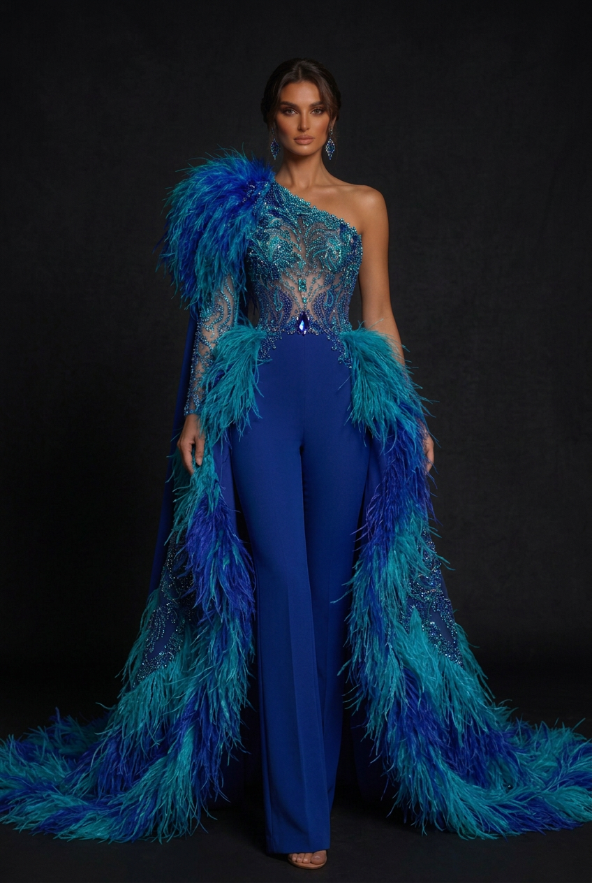 Blue Aqua Feather Jumpsuit - Front
