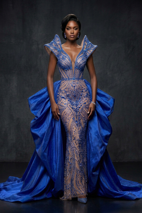 Blue Crystal Pageant Gown with Blue Taffeta Overskirt