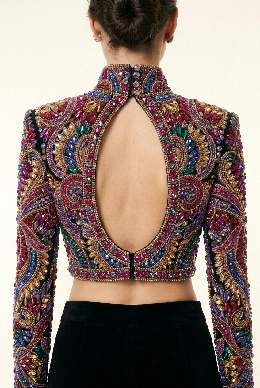 Close-up back view of the multicolored crystal crop top with keyhole opening