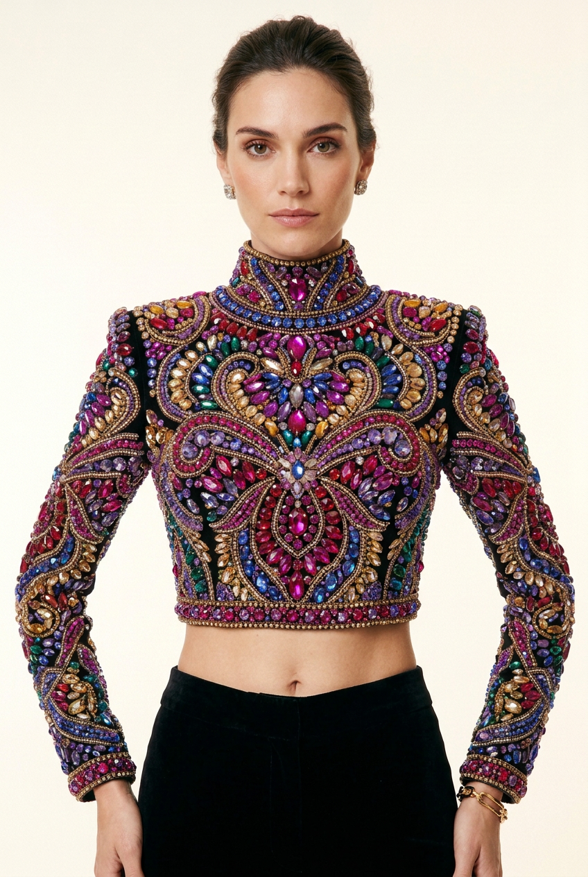 Close-up front view of the high-neck multicolored crystal crop top