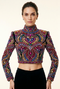 Close-up front view of the high-neck multicolored crystal crop top