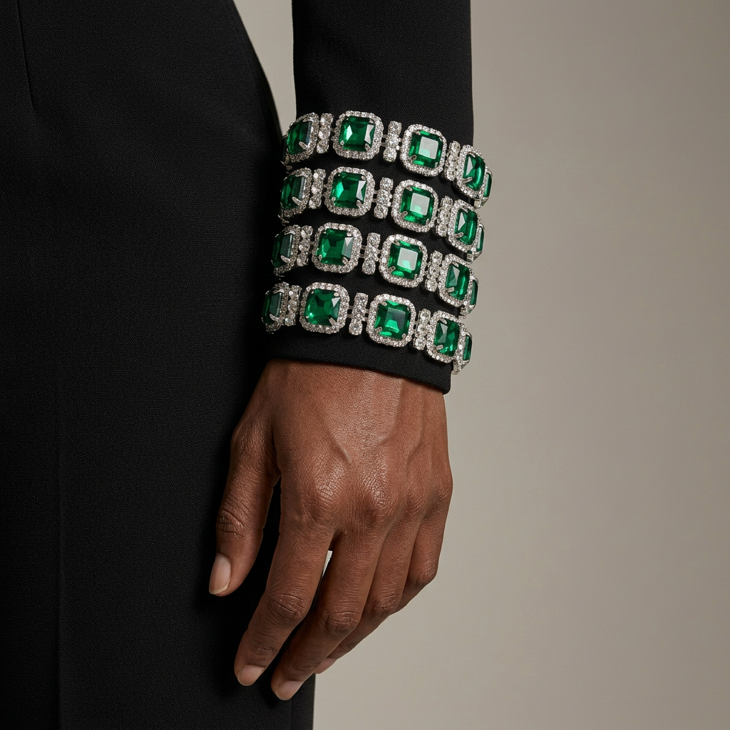 Close-up of the four-row emerald-and-crystal sleeve cuff