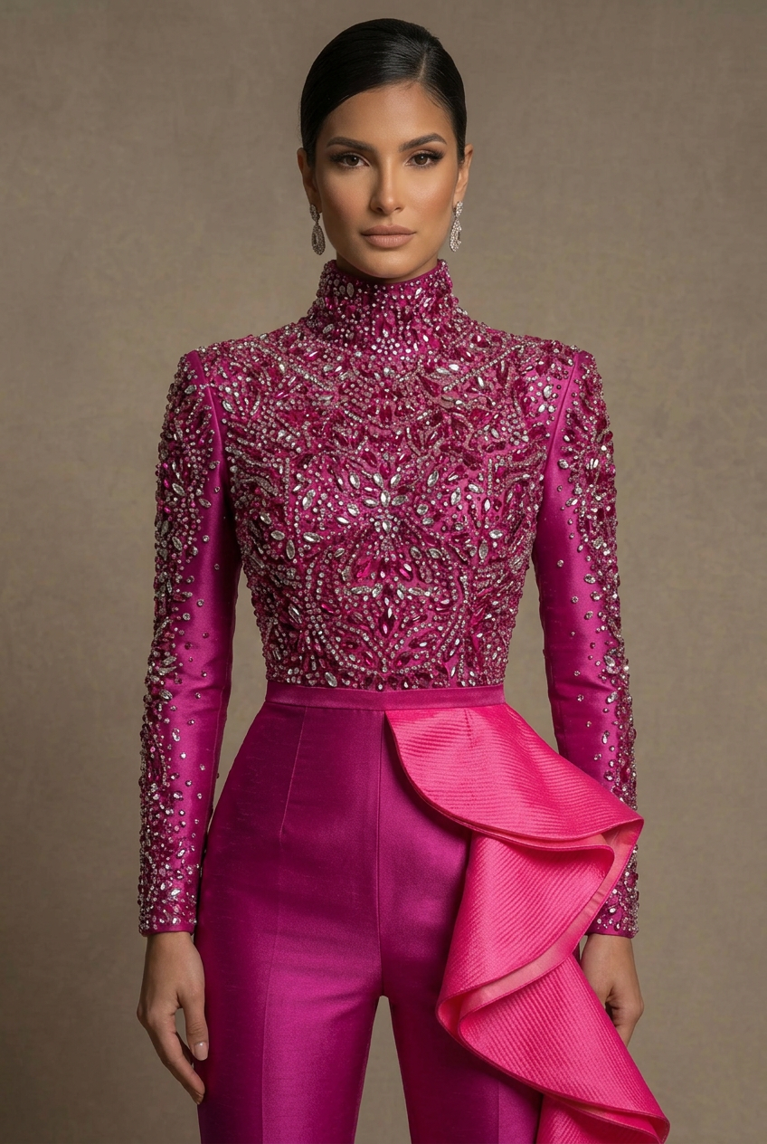 Close-up of the magenta crystal jumpsuit with hot-pink side ruffle