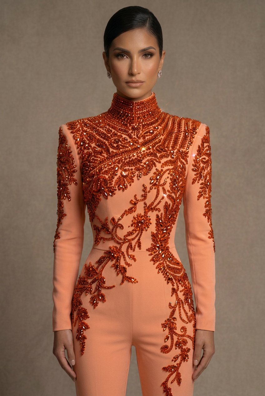 Close-up of the peach jumpsuit with orange crystal detailing