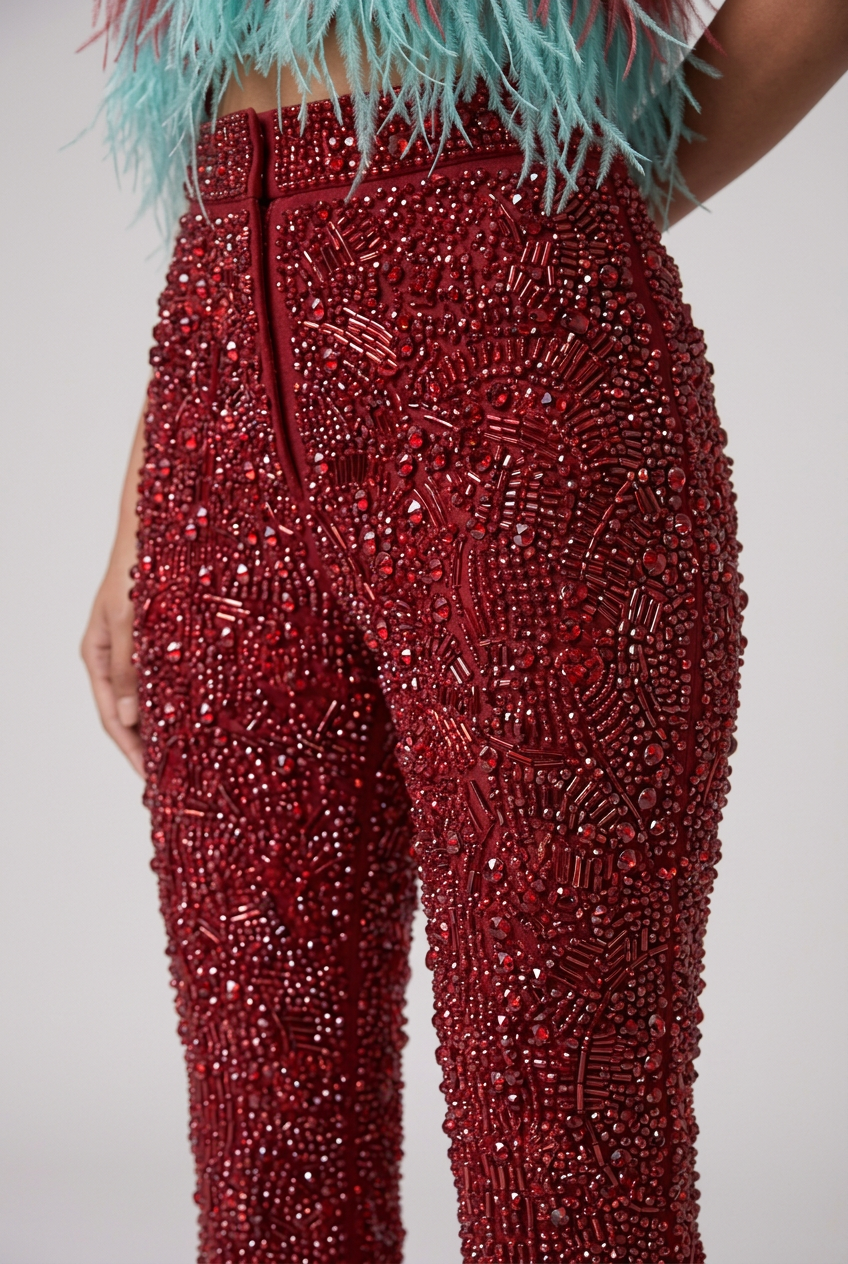 Close-up of the red crystal-beaded trousers