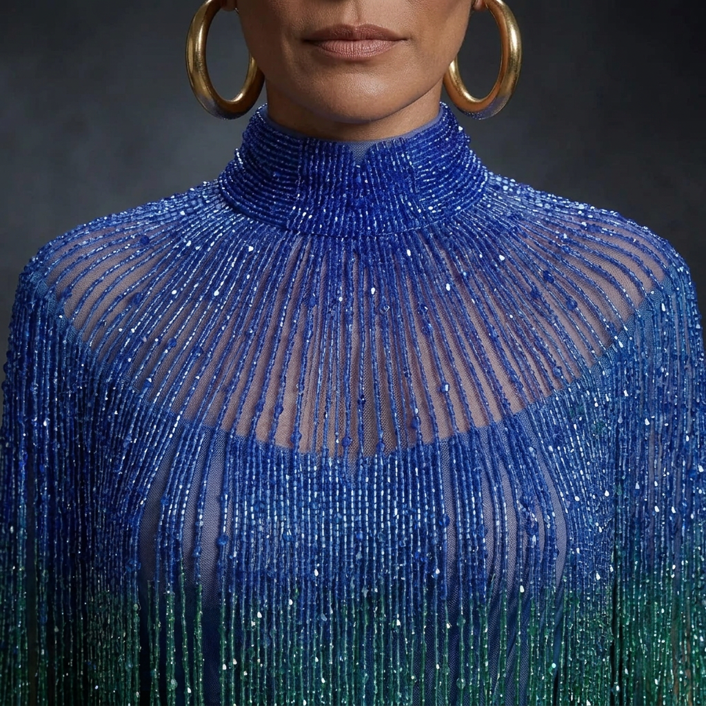 Close-up of the royal-blue crystal choker and radiating chest beadwork