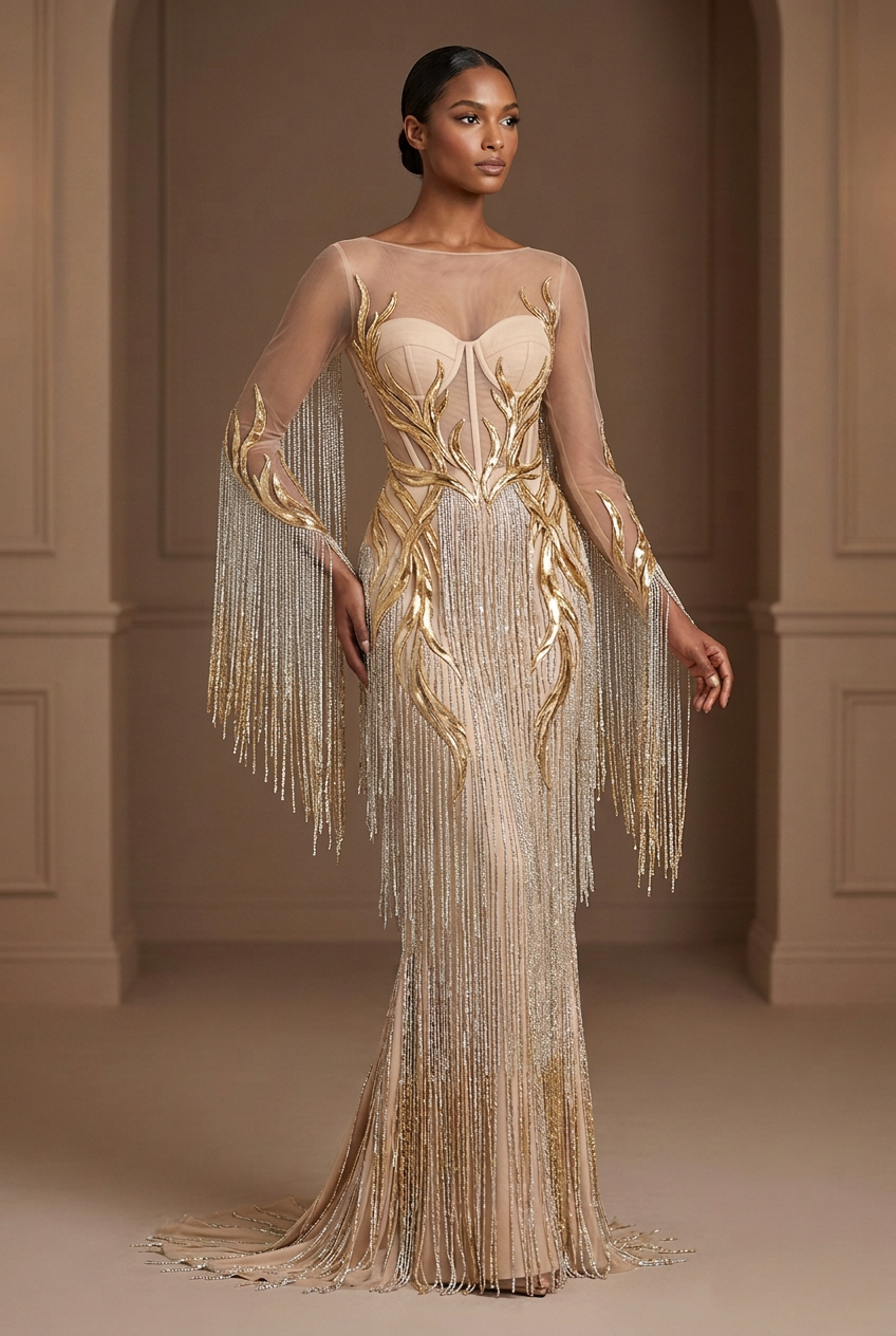 Couture gown with fuller cascading crystal fringe across the bodice, skirt, and sleeves
