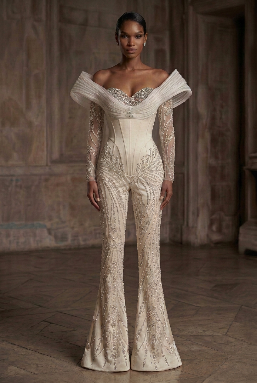 Couture jumpsuit with fully covered stomach