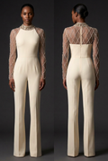 Cream jumpsuit with solid bodice and attached crystal collar
