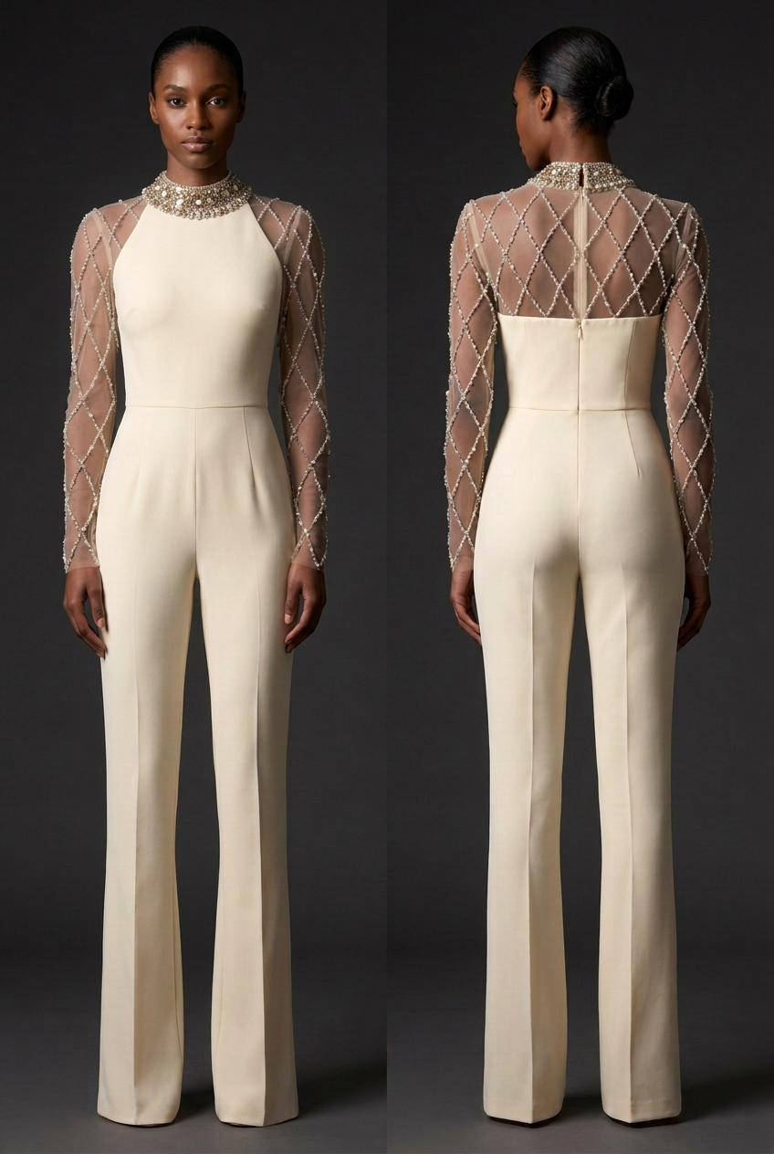 Cream jumpsuit with solid bodice and attached crystal collar