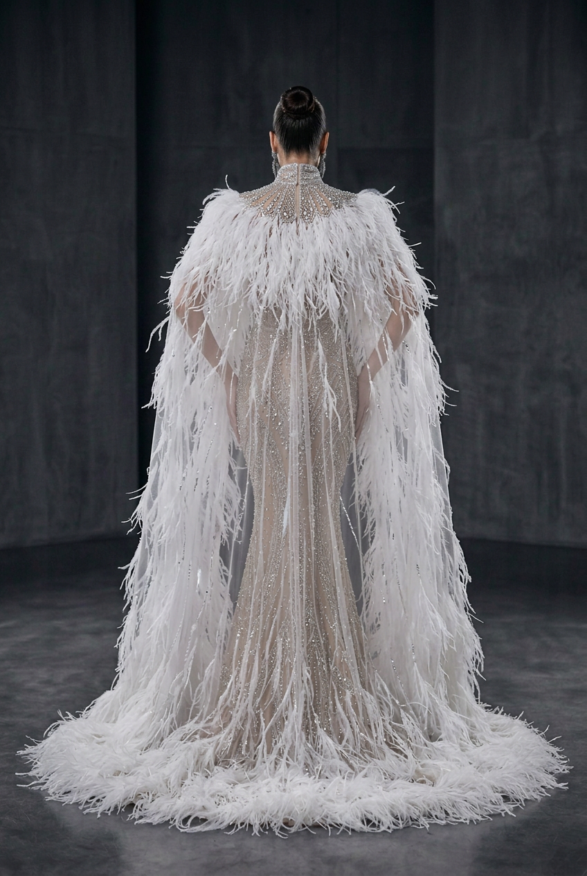 Crystal Nude Gown with Long Ostrich Feather Cape - Back