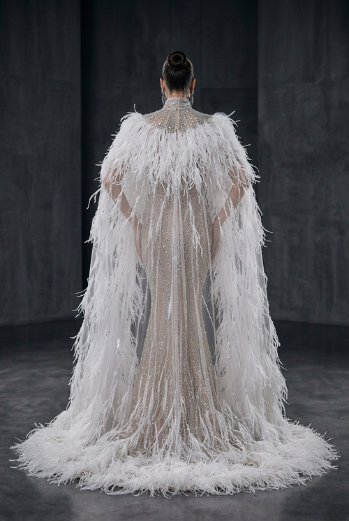 Crystal Nude Gown with Long Ostrich Feather Cape - Back