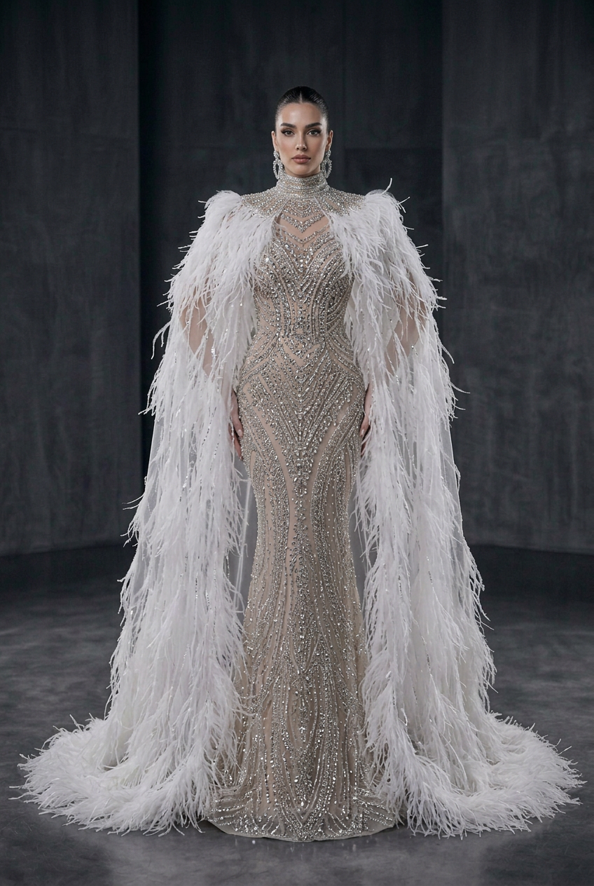 Crystal Nude Gown with Long Ostrich Feather Cape - Front