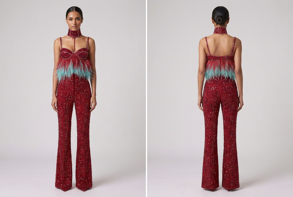 Front and back views with fully red crystal-beaded trousers
