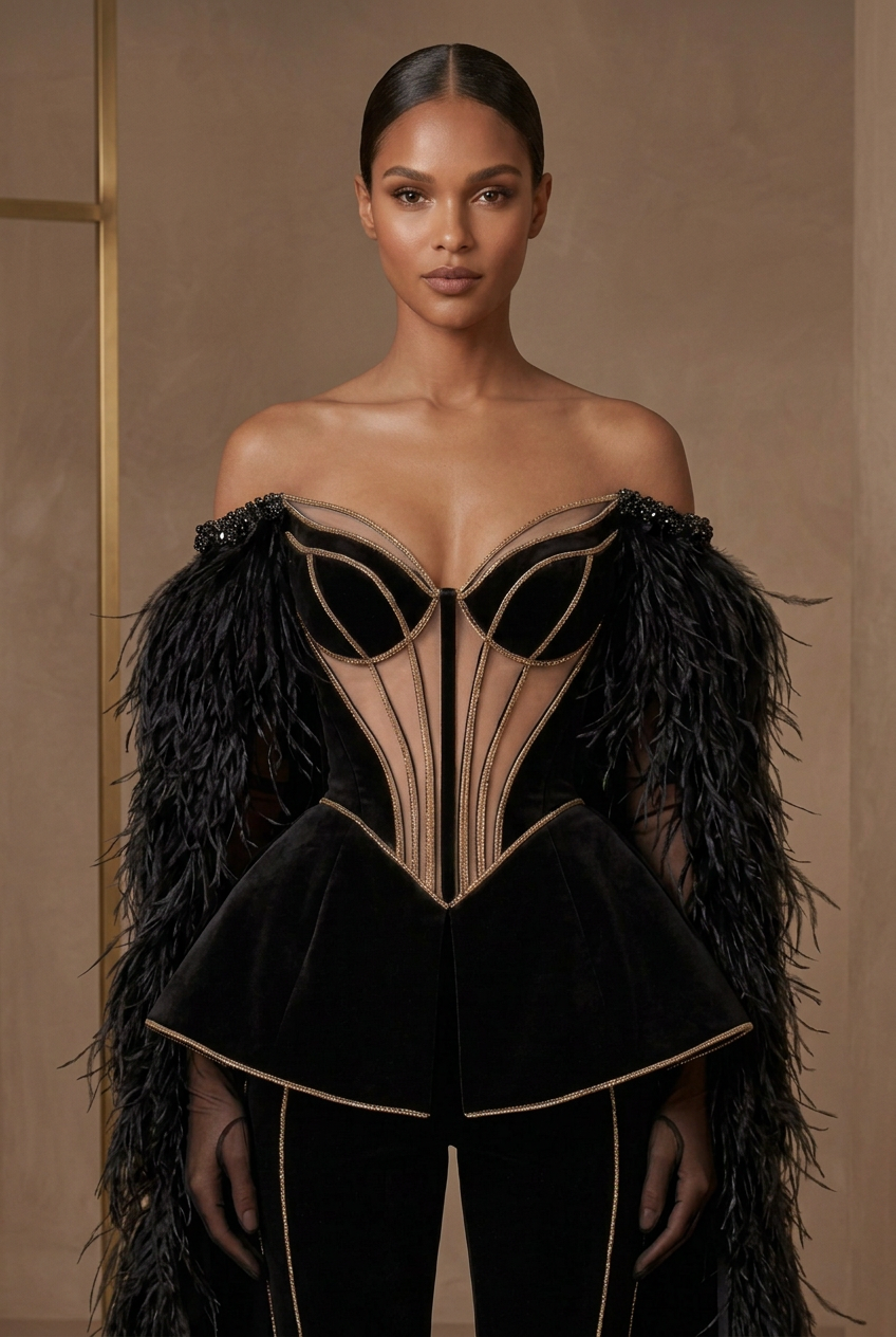 Front close-up of the black-and-gold couture jumpsuit without necklace