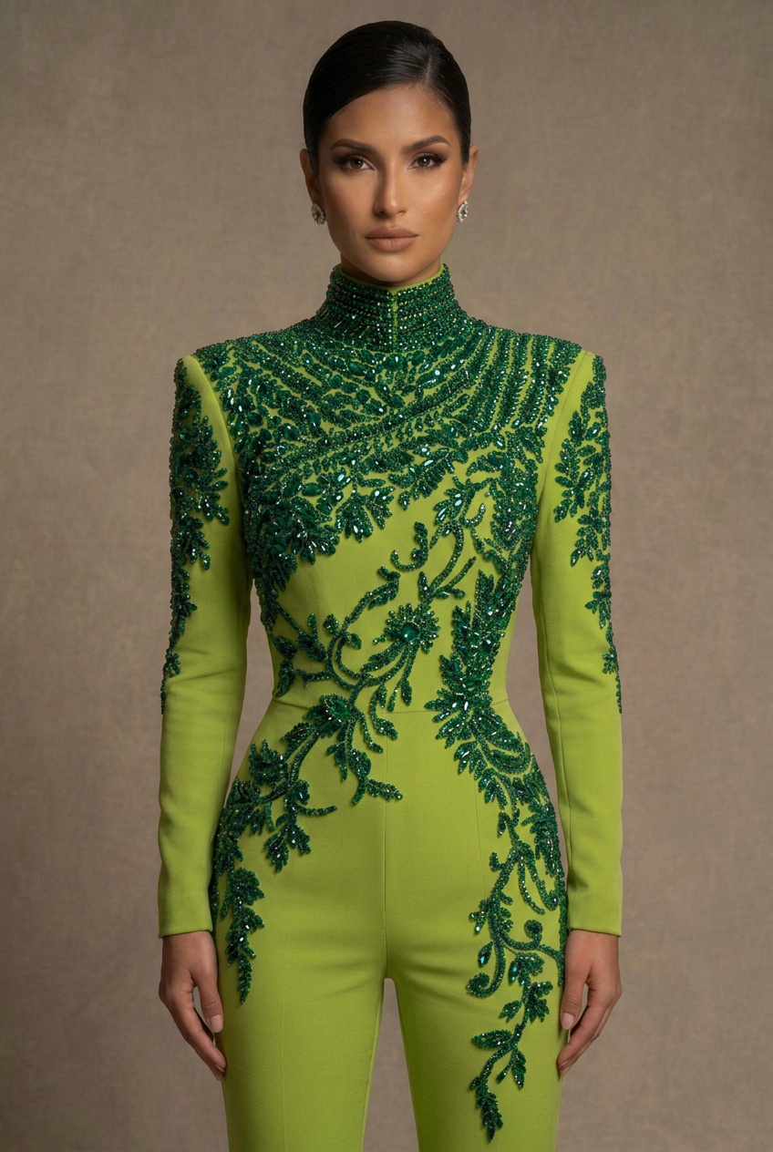 Front close-up of the lime green couture jumpsuit with emerald crystal neckline and botanical detailing