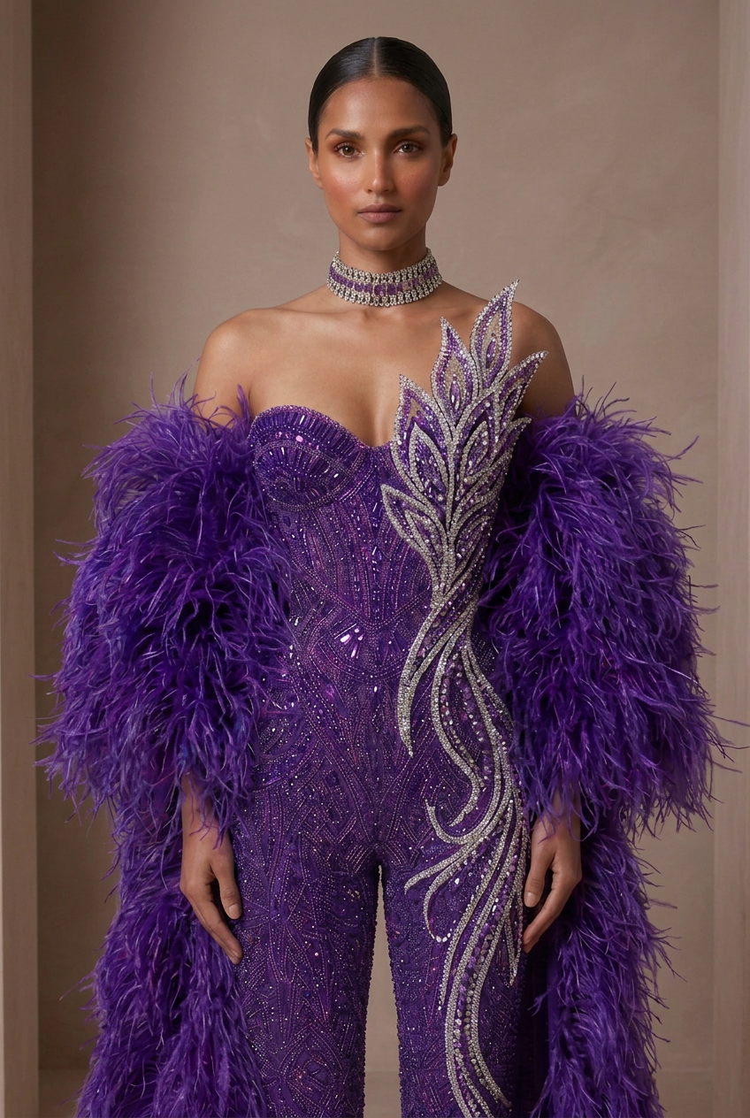 Front close-up of the royal purple couture jumpsuit with sculpted crystals and feather sleeves