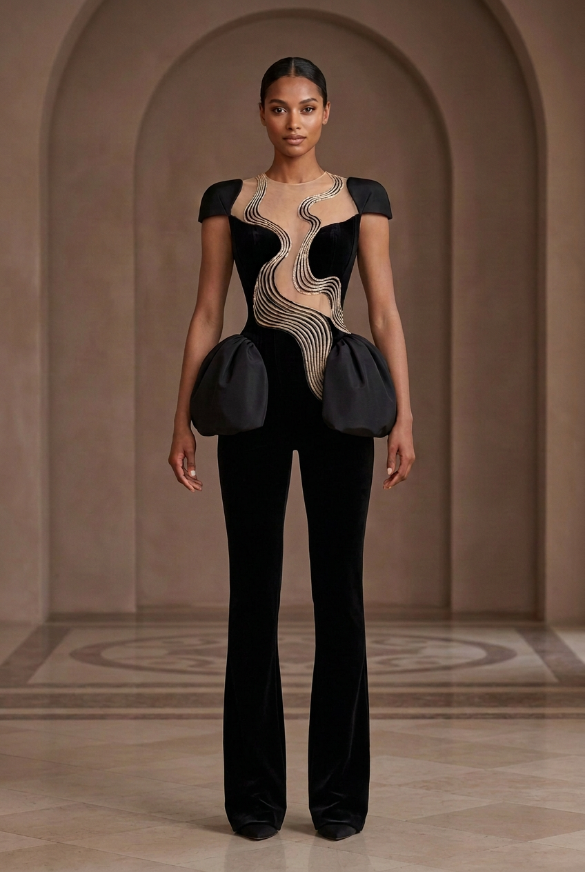 Front view of the black-and-champagne couture jumpsuit with sculpted shoulder pads, peplum, and slim-flare legs