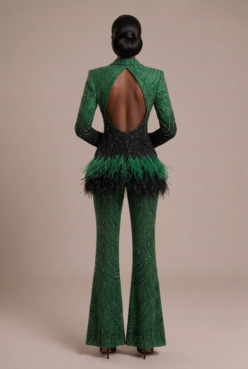 Green Black Crystal Blazer Suit Clean Legs - Back
