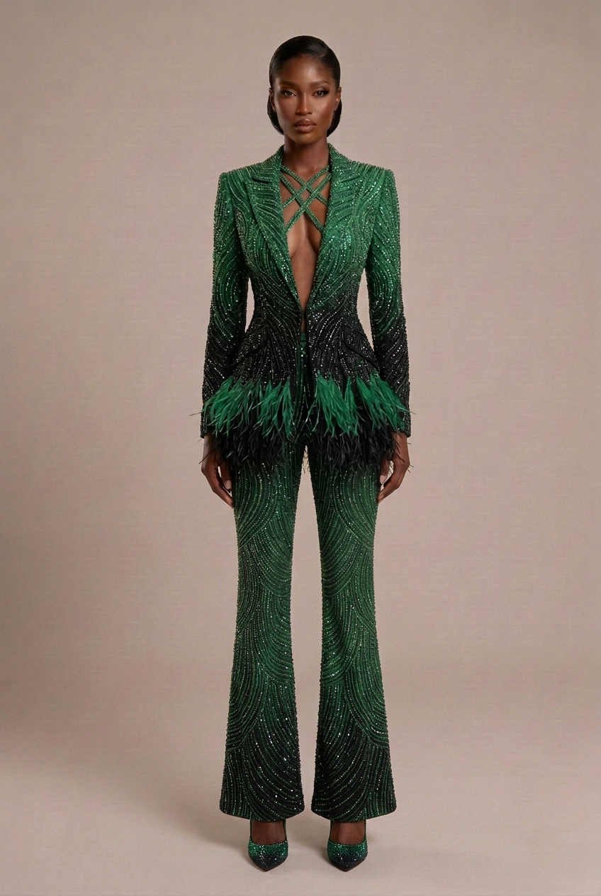 Green Black Crystal Blazer Suit Clean Legs - Front
