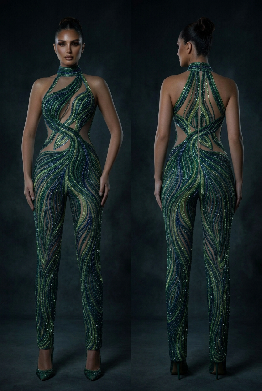 Green Crystal Jumpsuit - Moody Full View