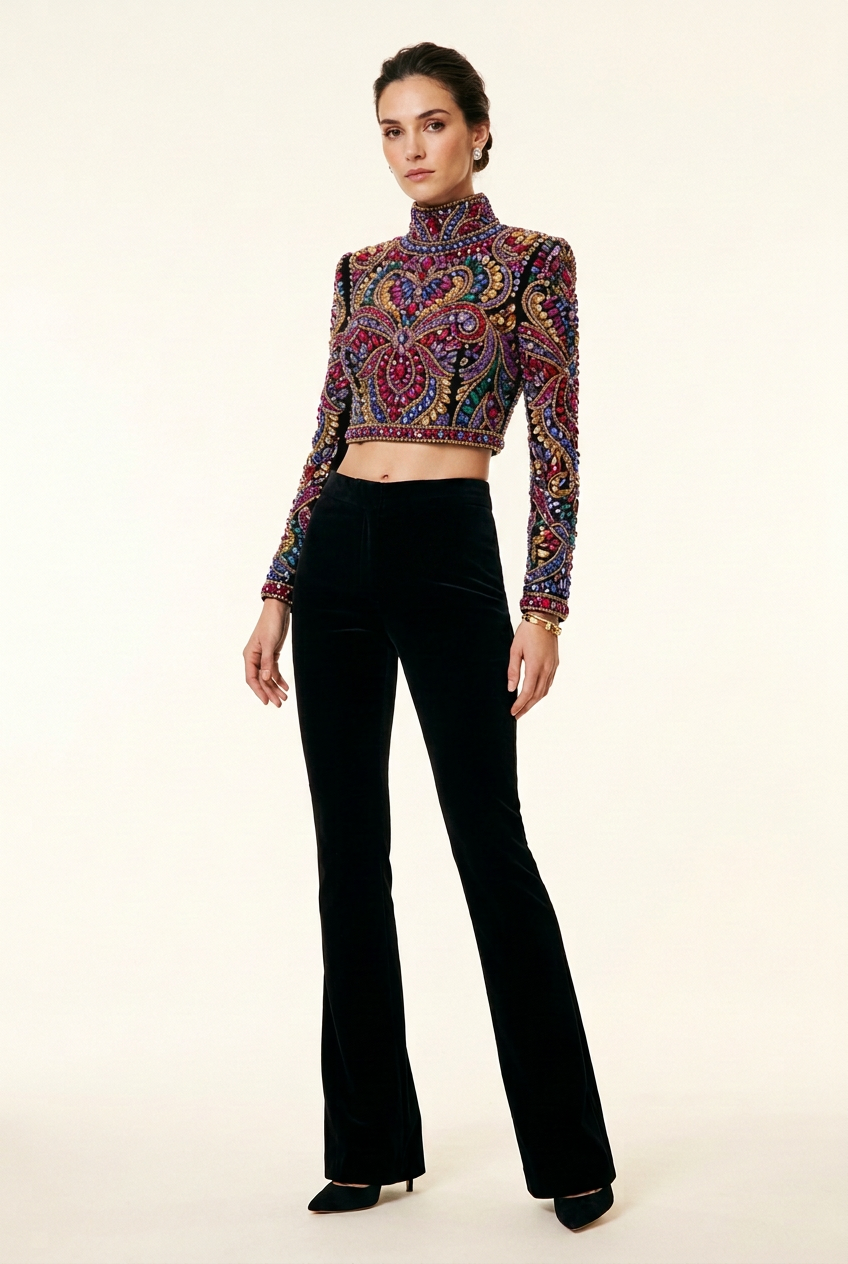 High-neck multicolored crystal crop top with black slim-flare pants