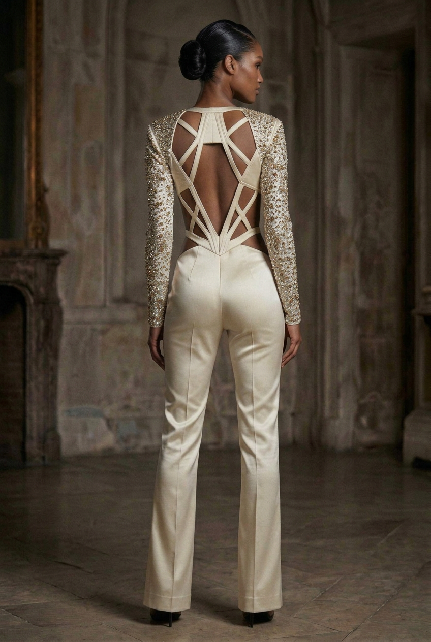 Ivory Cream Crystal Cutout Suit — Back