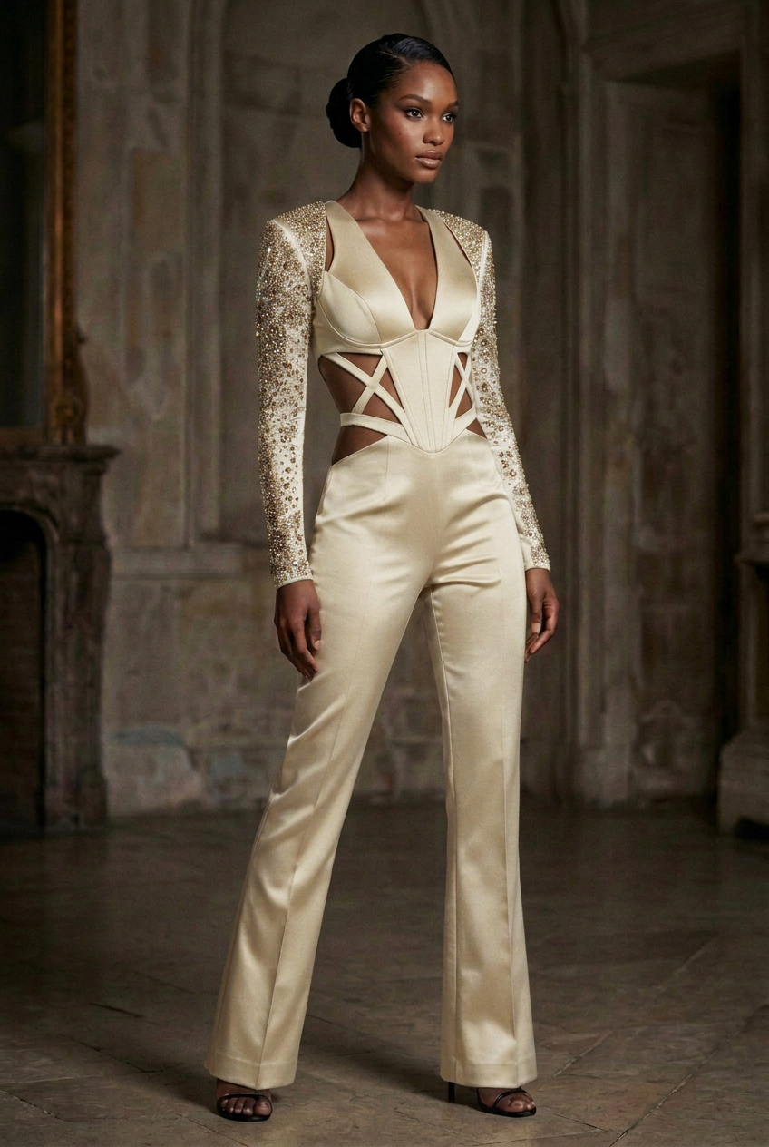 Ivory Cream Crystal Cutout Suit — Front