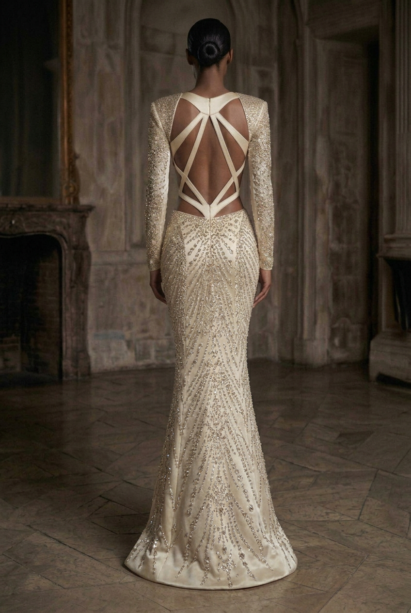 Ivory Crystal Tailored Mermaid Gown — Back View
