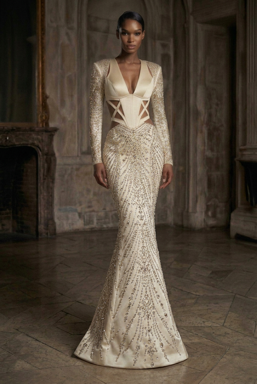 Ivory Crystal Tailored Mermaid Gown — No Train