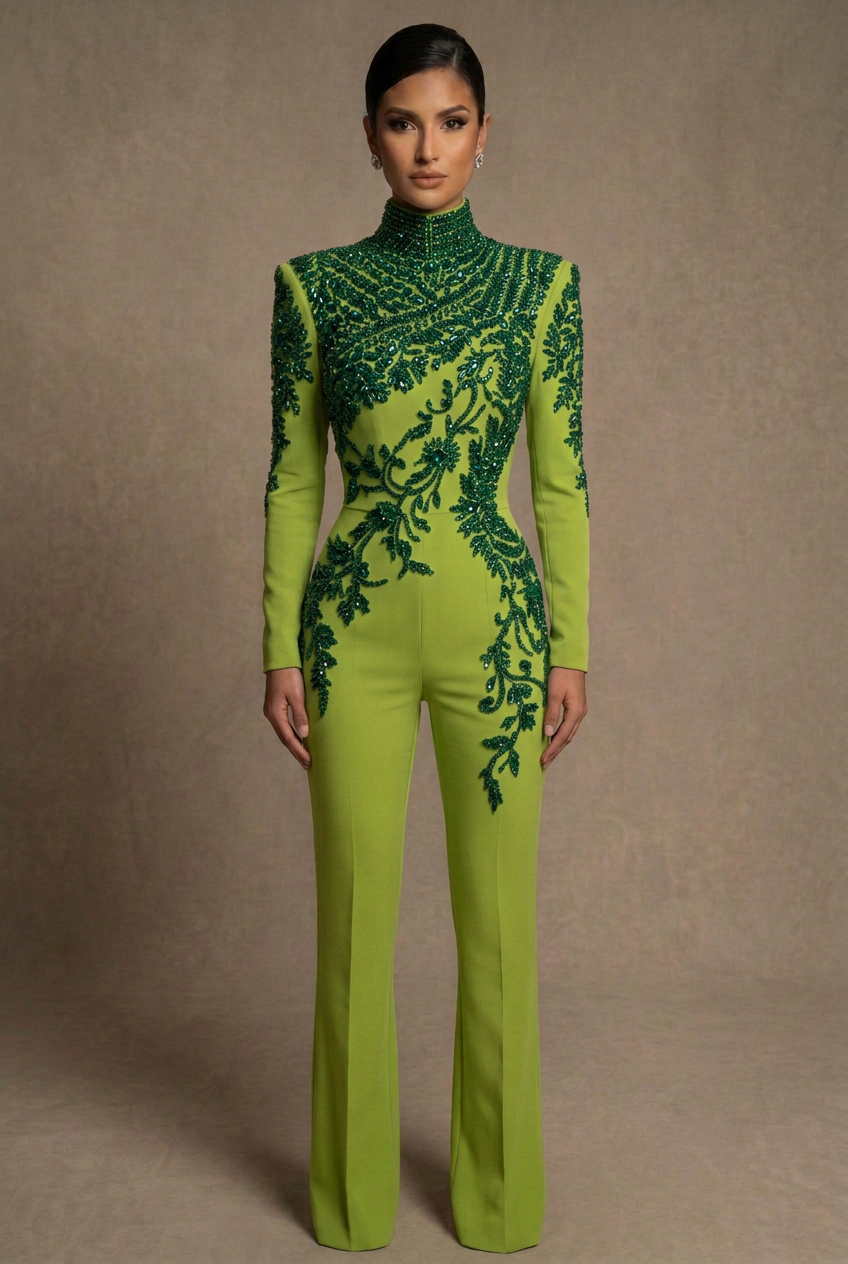 Lime green couture jumpsuit with emerald green crystals and slim-flare legs