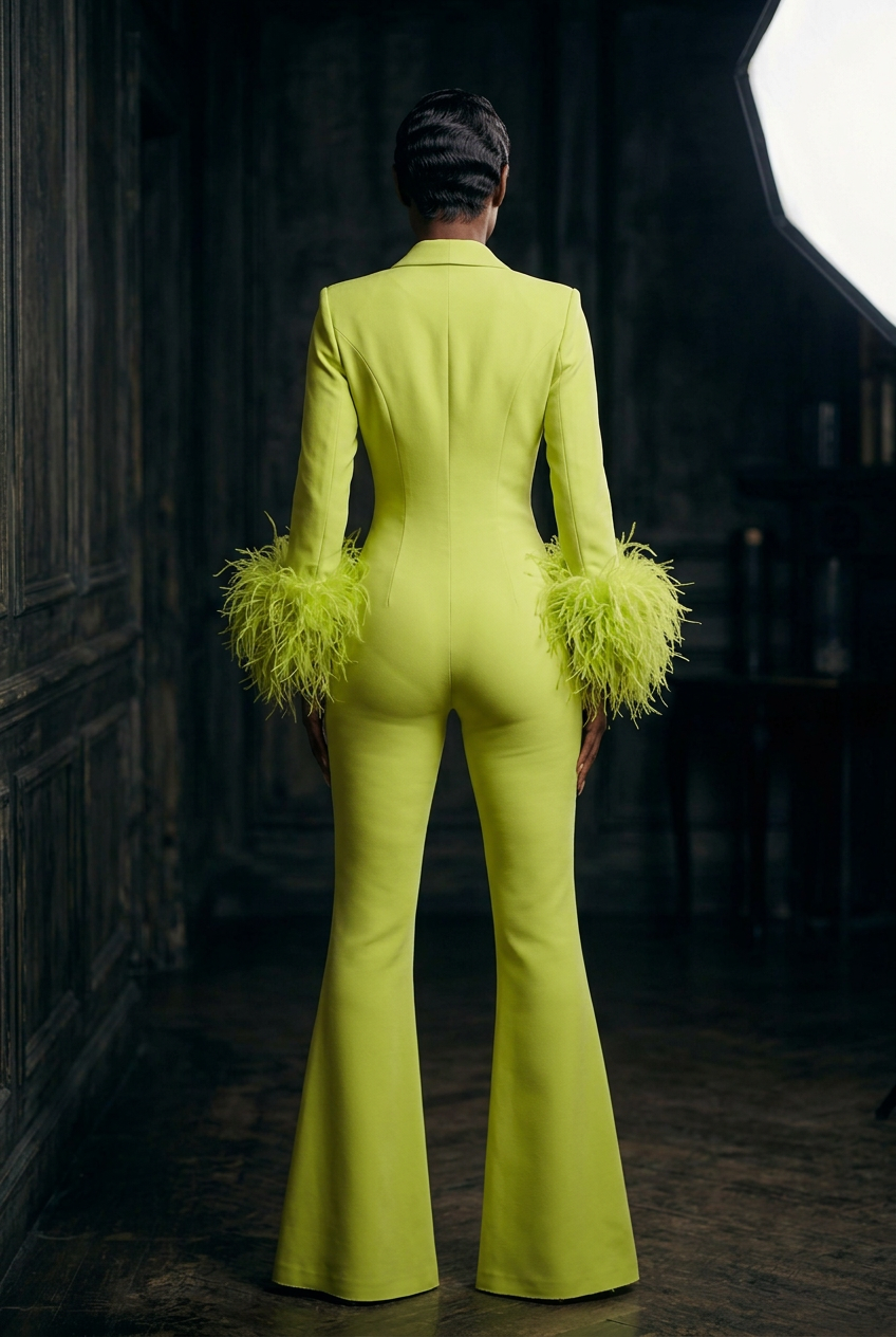 Lime Green Feather Jumpsuit - Back View