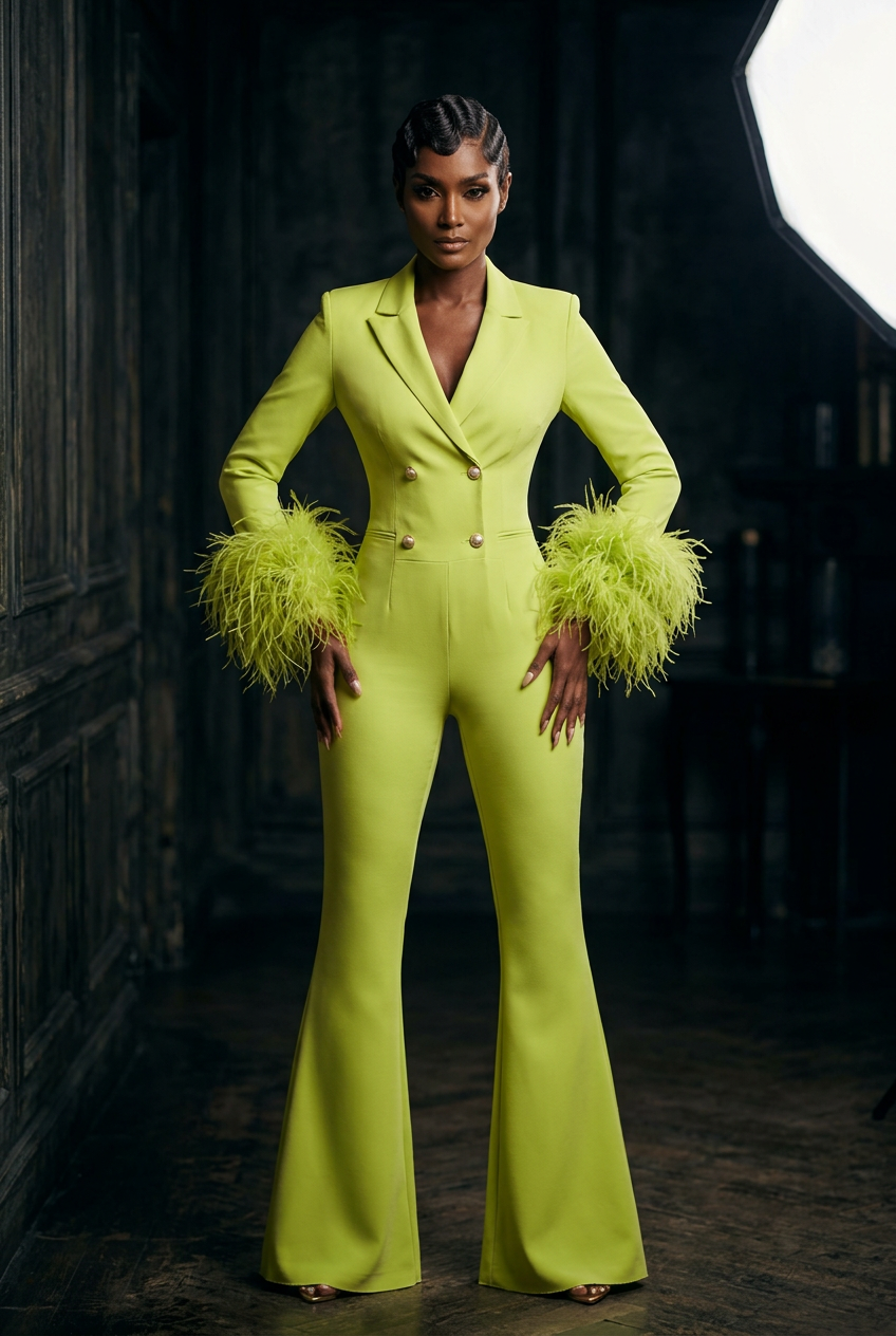 Lime Green Feather Jumpsuit - Front