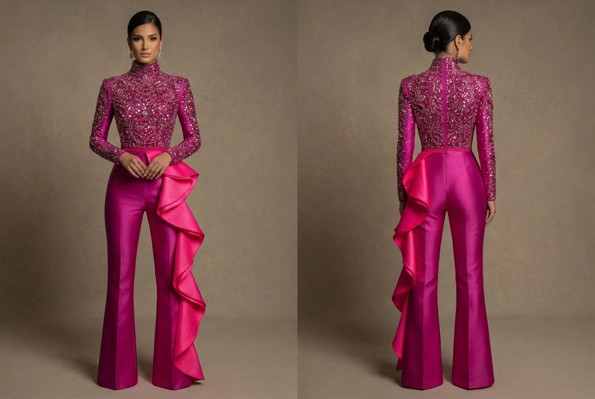 Magenta couture jumpsuit with a hot-pink cascading side ruffle