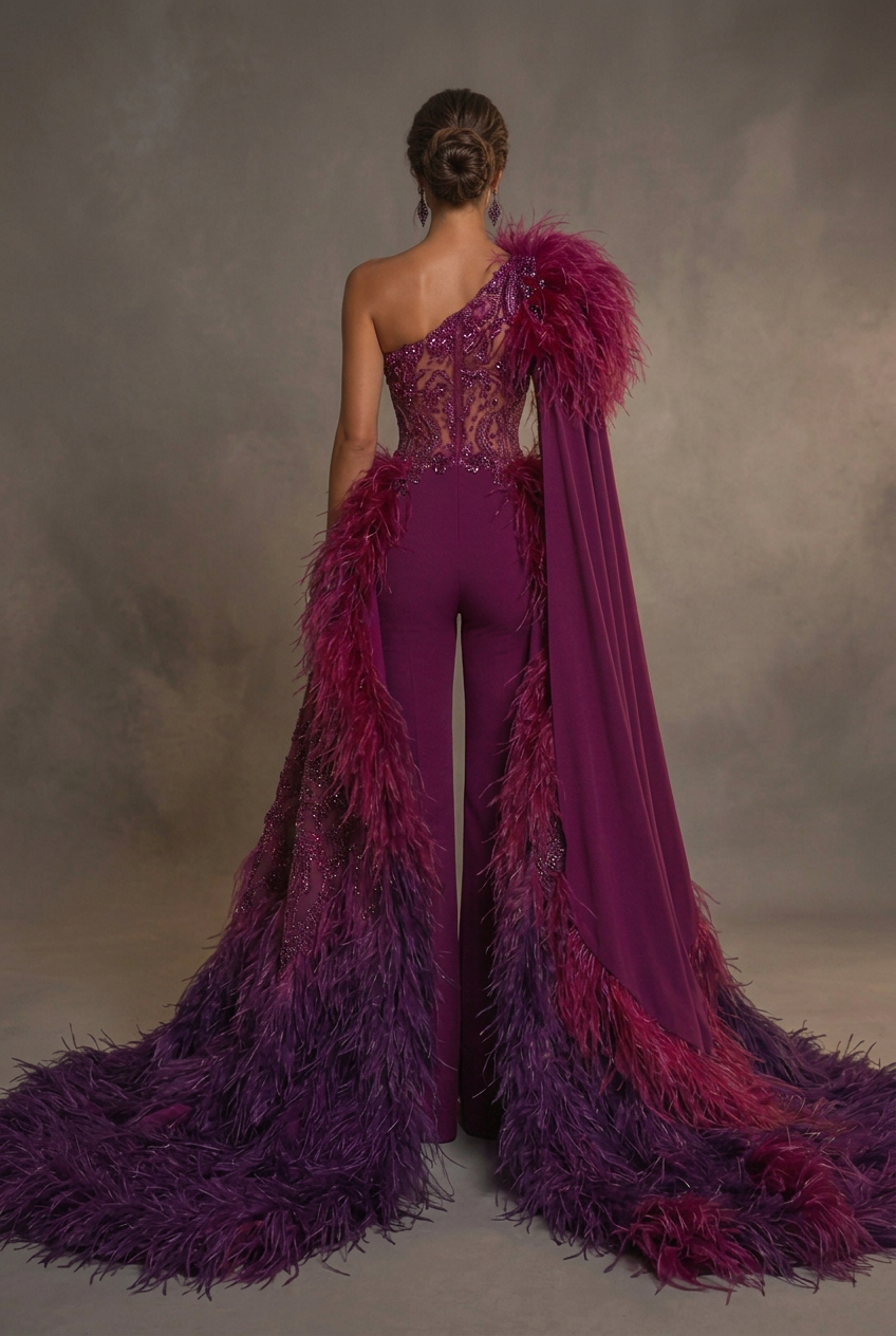 Magenta Purple Feather Jumpsuit - Back View