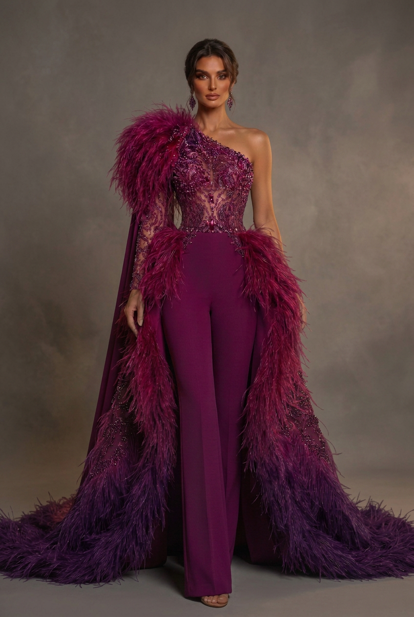 Magenta Purple Feather Jumpsuit - Light Moody Background